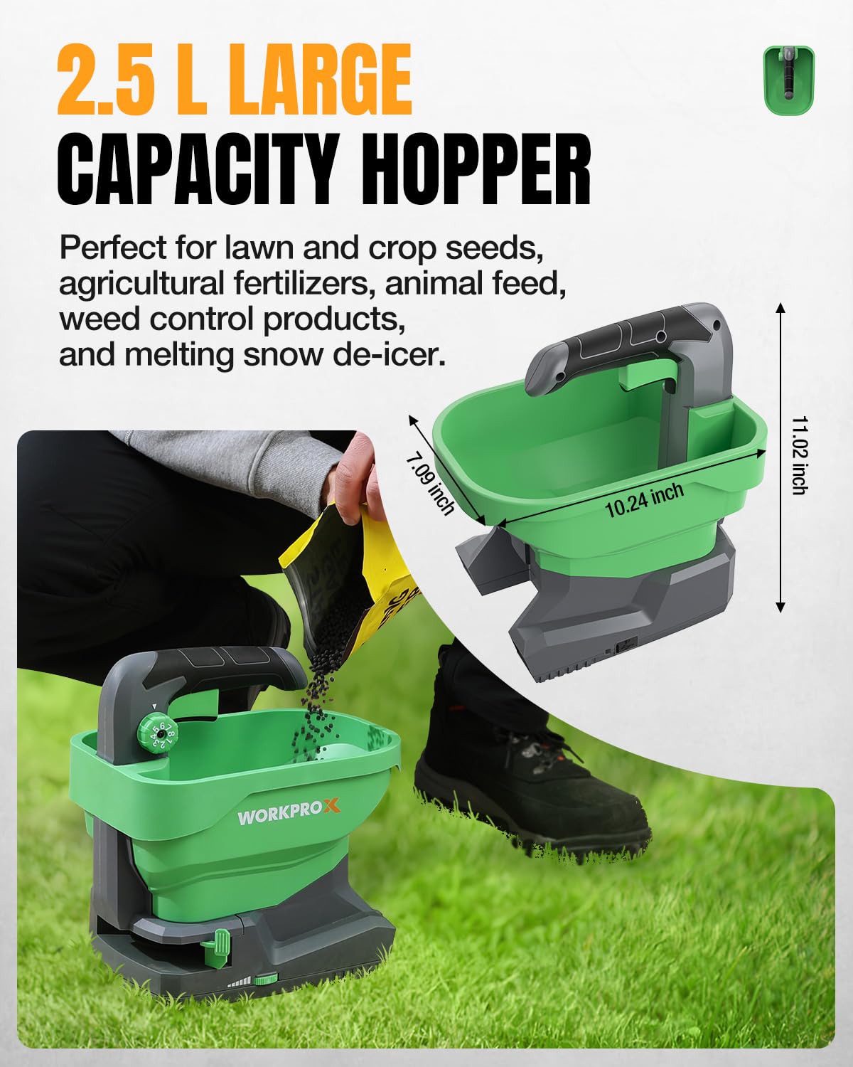 WORKPRO lawn seeding in progress with the compact WORKPRO spreader.