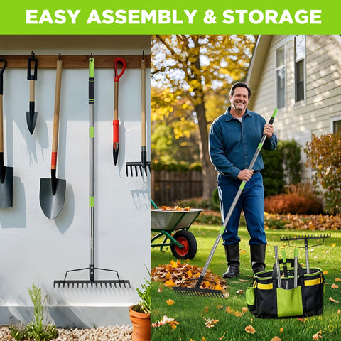 WORKPRO rake in action gathering leaves across a lawn