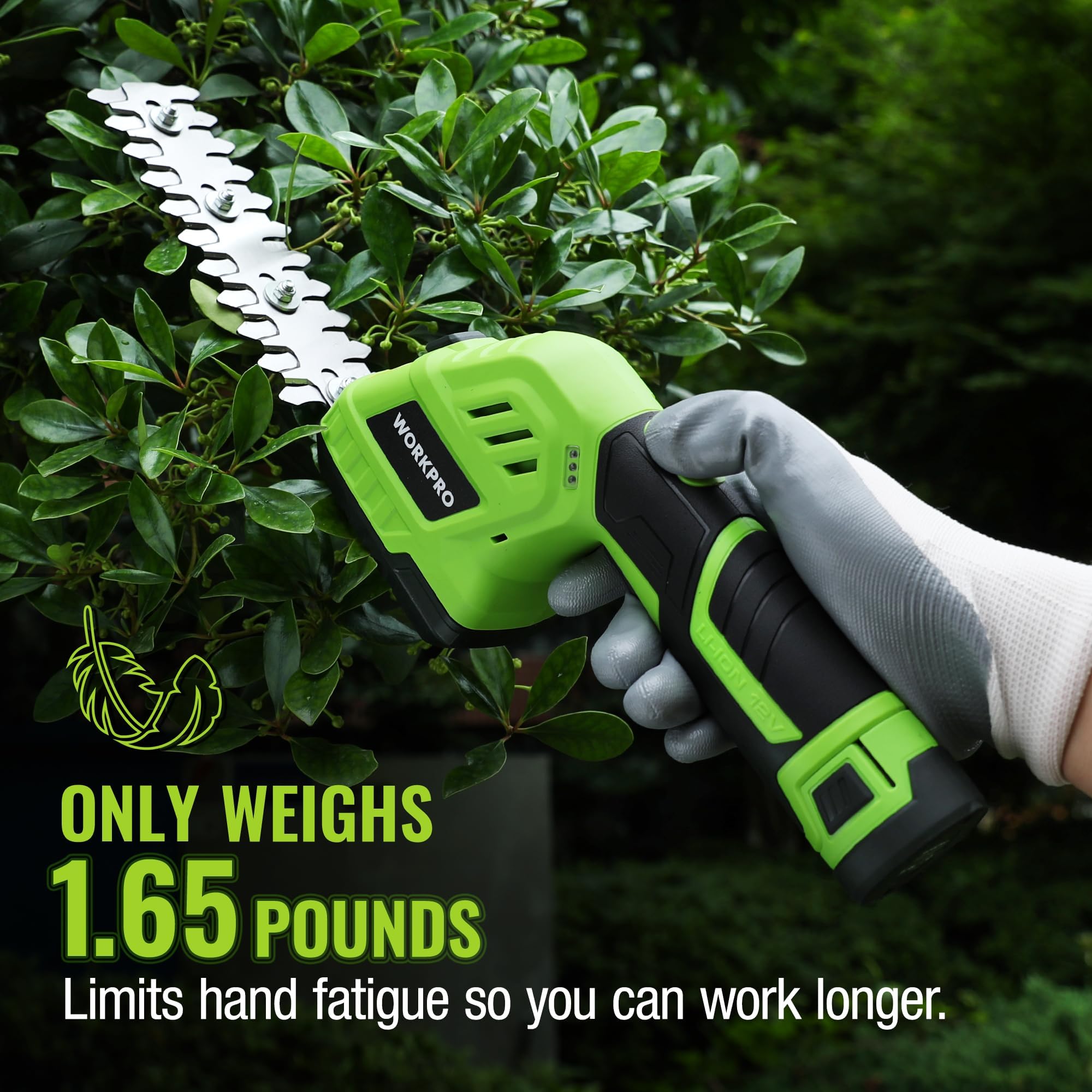 WORKPRO lightweight handle reduces fatigue during long trimming.