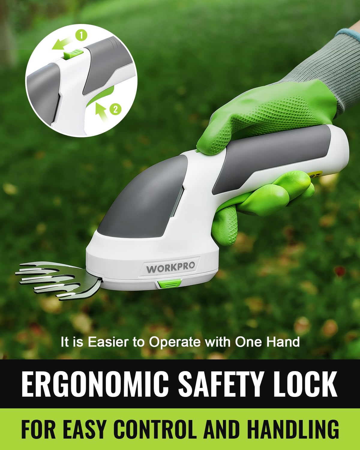 WORKPRO lightweight tool with top safety button suitable for comfortable one-handed use.