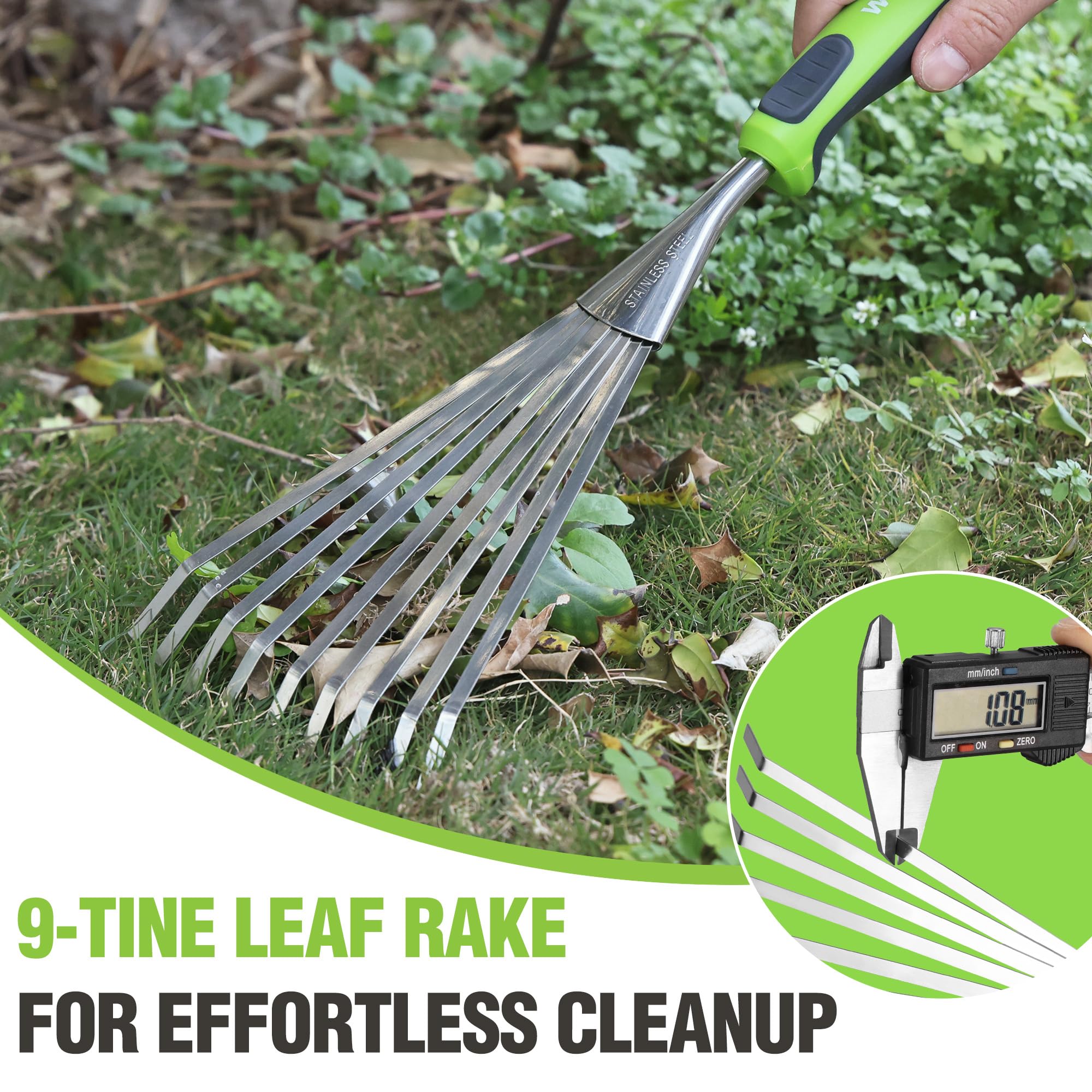 Workpro mini garden rake with storage hole stores neatly after use.