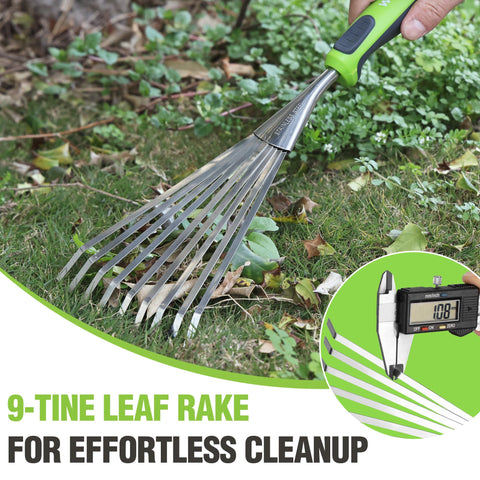 Workpro mini garden rake with storage hole stores neatly after use.