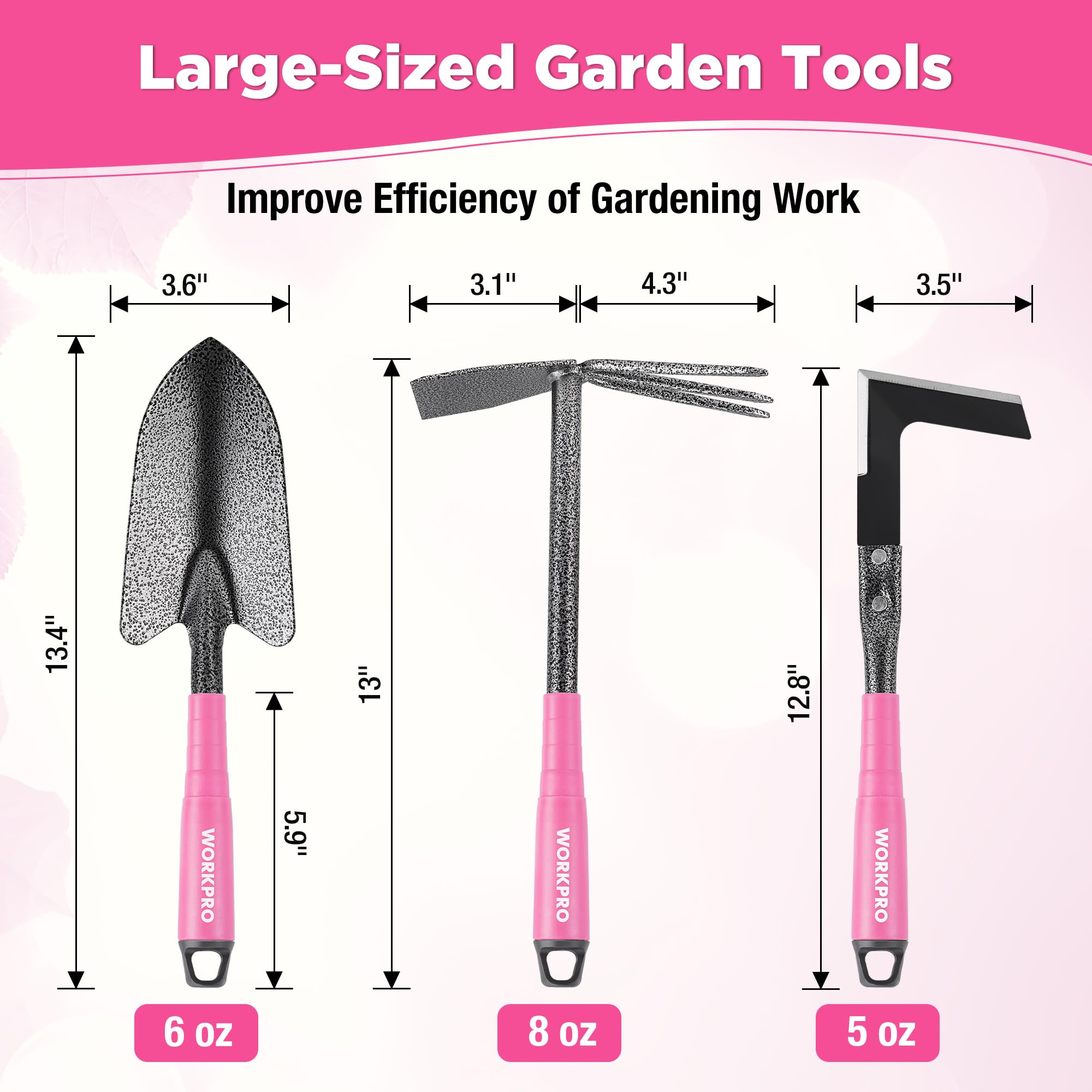 WorkPro pink tool set 5-tine rake clears soil efficiently