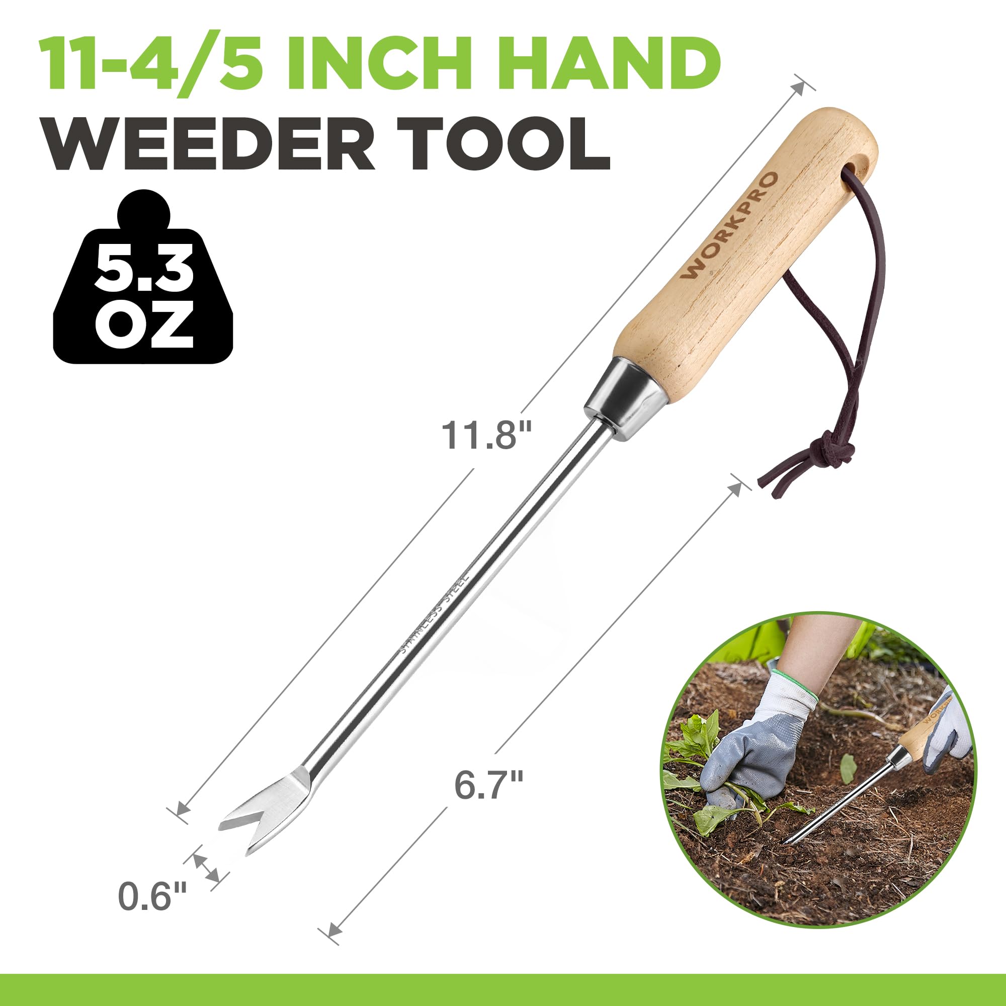 WORKPRO polished stainless steel two-pronged fork for clean weeding.