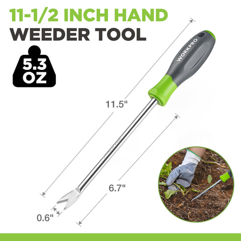 WORKPRO polished stainless-steel two-pronged fork for durable weed removal.