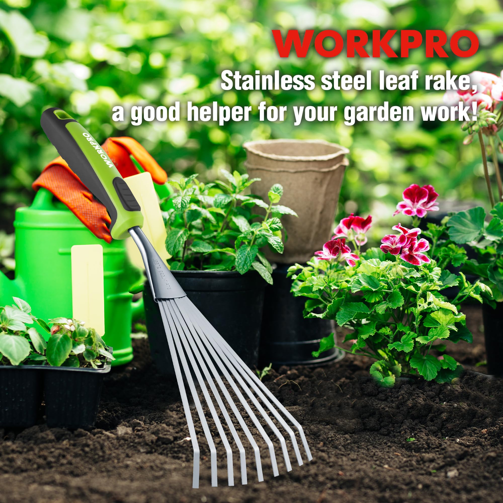 Workpro precision rake for cultivating and loosening soil in tight spaces.
