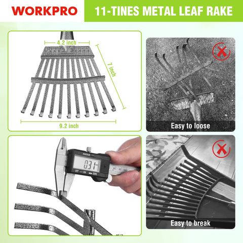 WORKPRO rake with 11 close-spaced tines for debris pickup