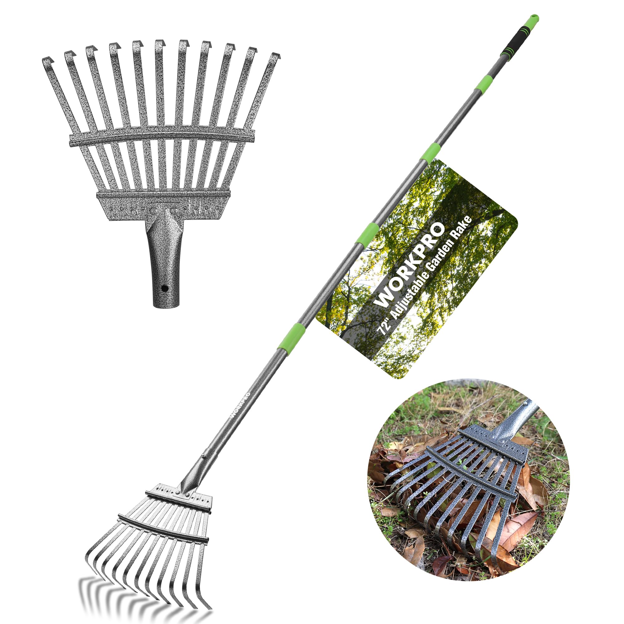 WORKPRO rake with a 72-inch adjustable handle for easy reach in the yard