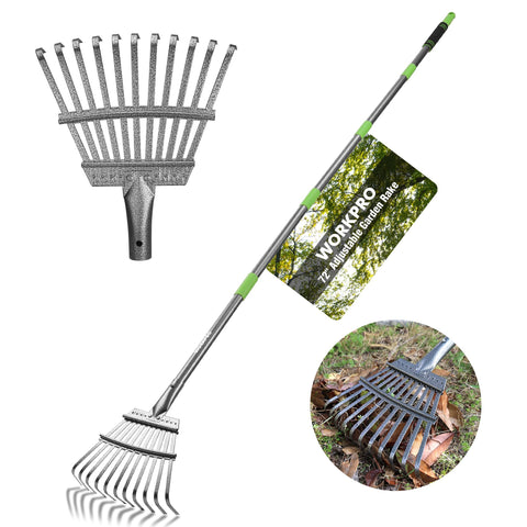 WORKPRO rake with a 72-inch adjustable handle for easy reach in the yard