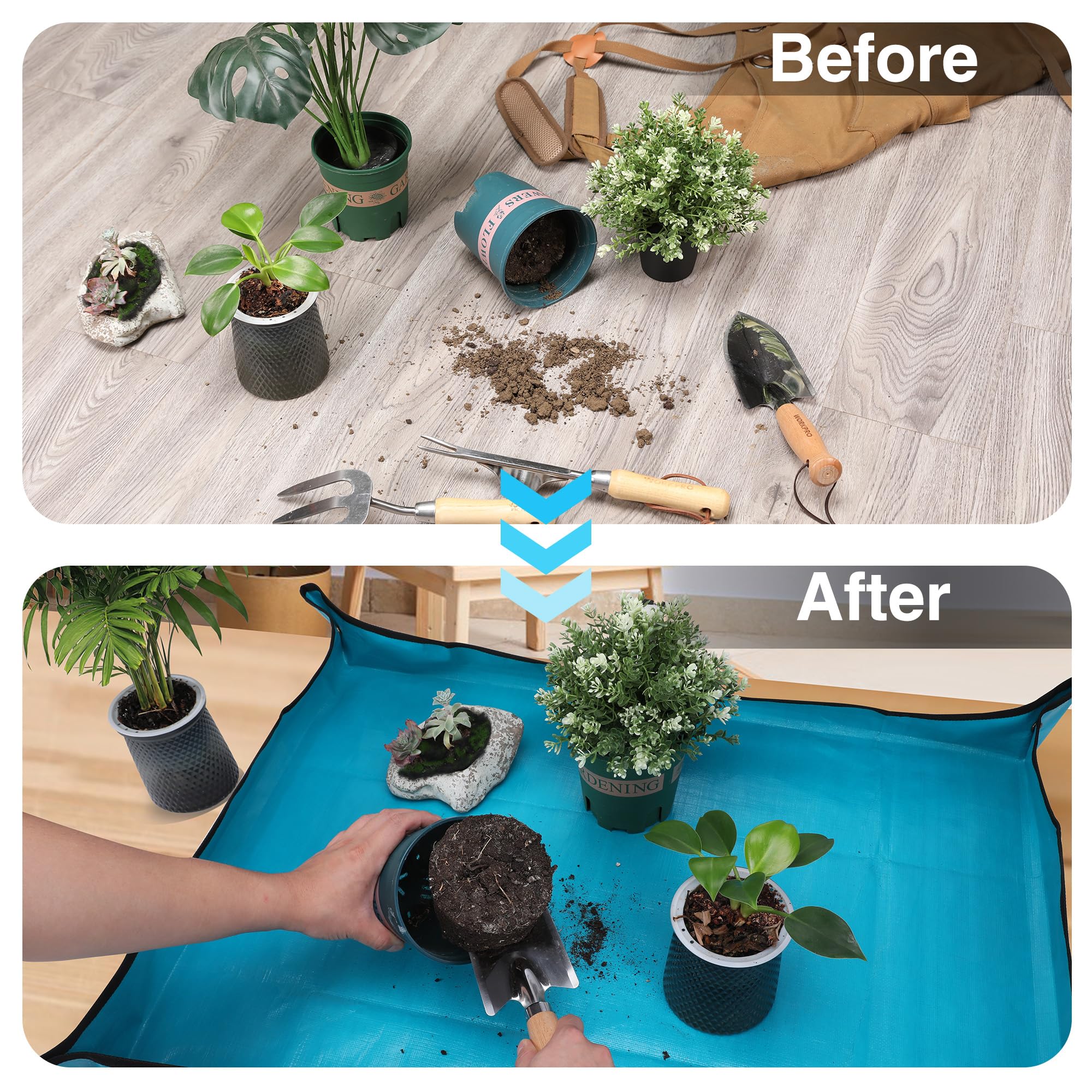 WORKPRO repotting mat with copper buckles prevents spills on floors during use.