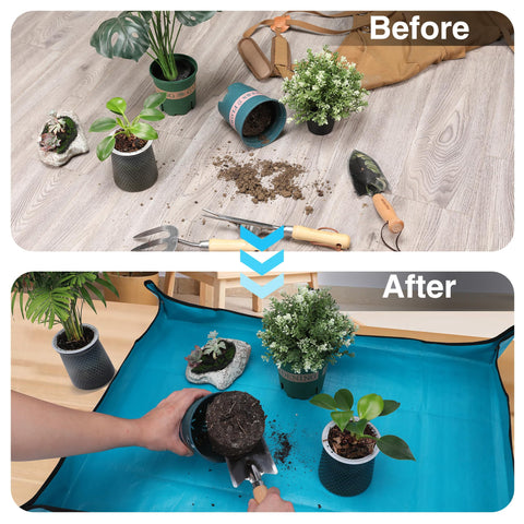 WORKPRO repotting mat with copper buckles prevents spills on floors during use.