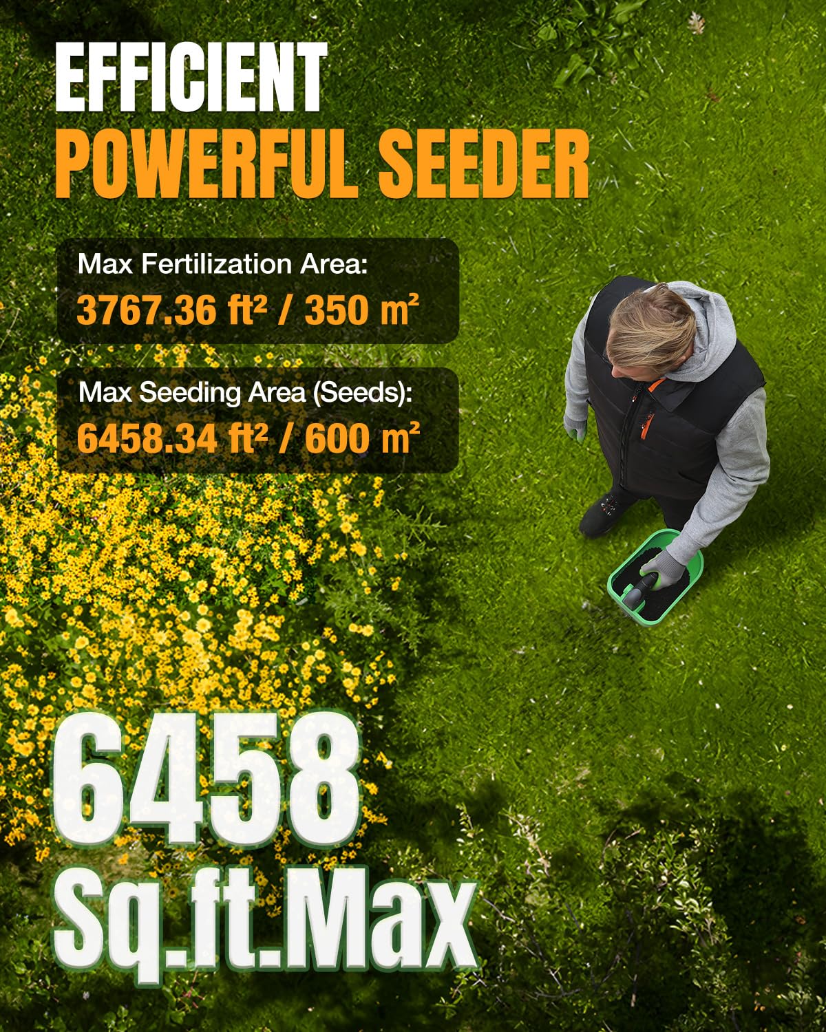 WORKPRO seed spreader distributing seed, fertilizer, or salt for even coverage.