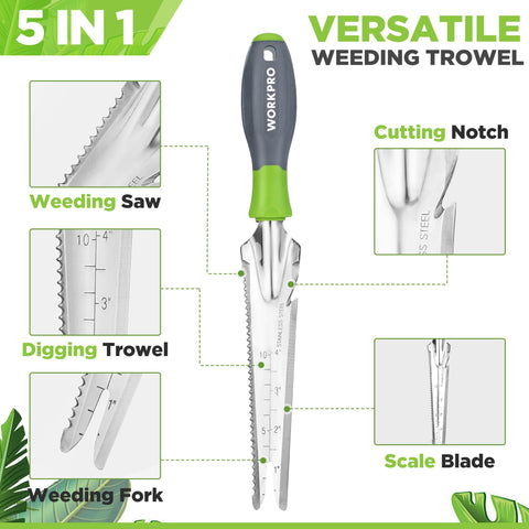 WORKPRO serrated blade edge helps cut through stubborn grass and roots.