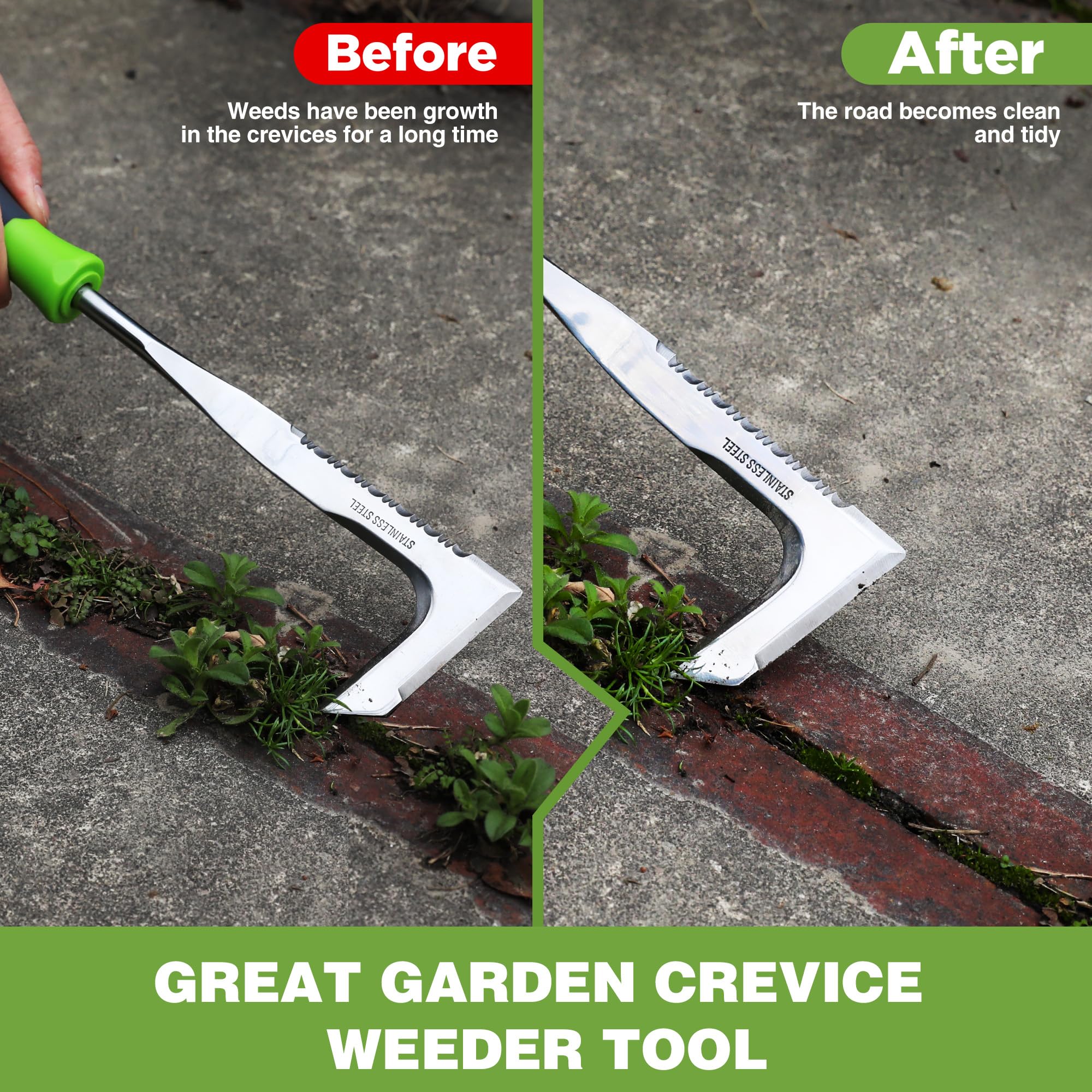 WORKPRO serrated edge helps lift stubborn weeds in sidewalk cracks efficiently.