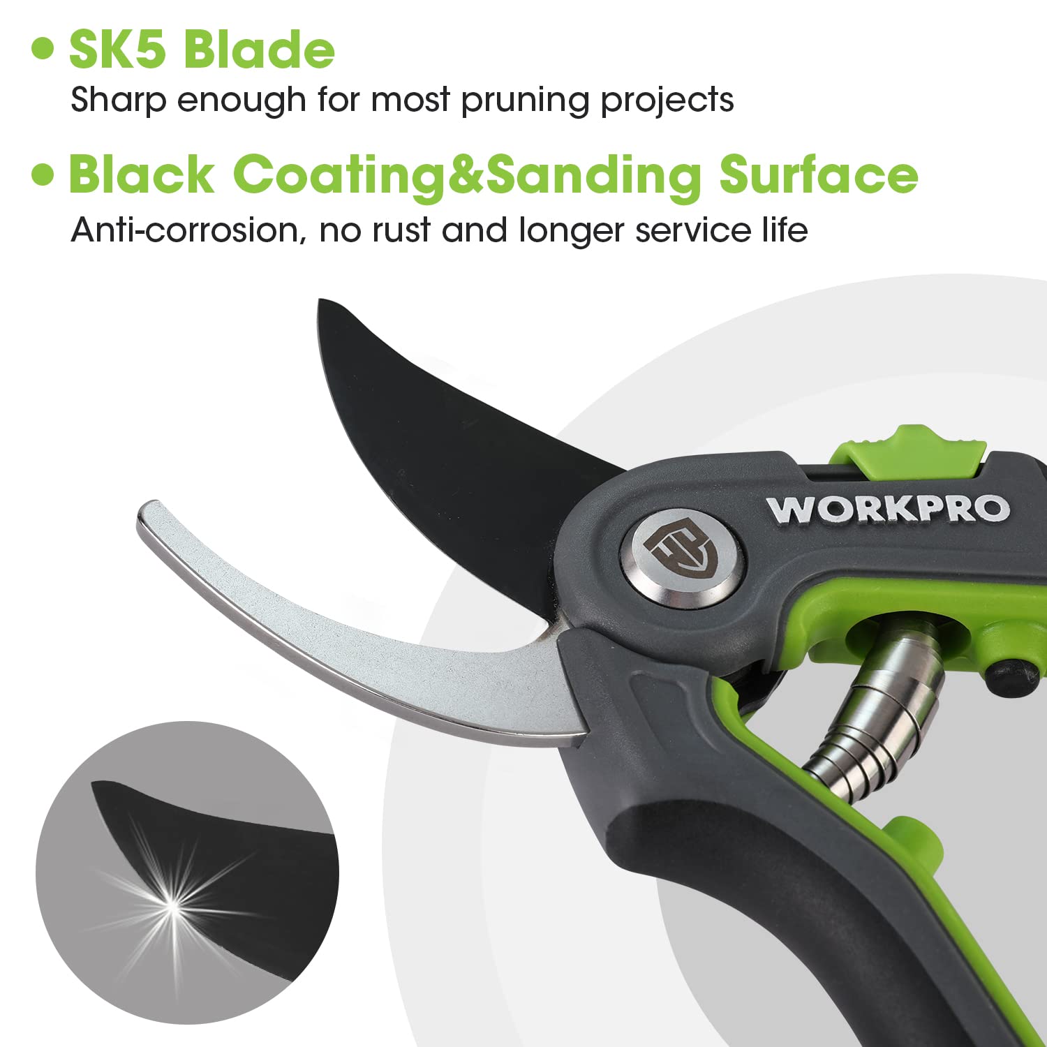 WORKPRO SK5 steel blades close-up showing durability and sharpness.