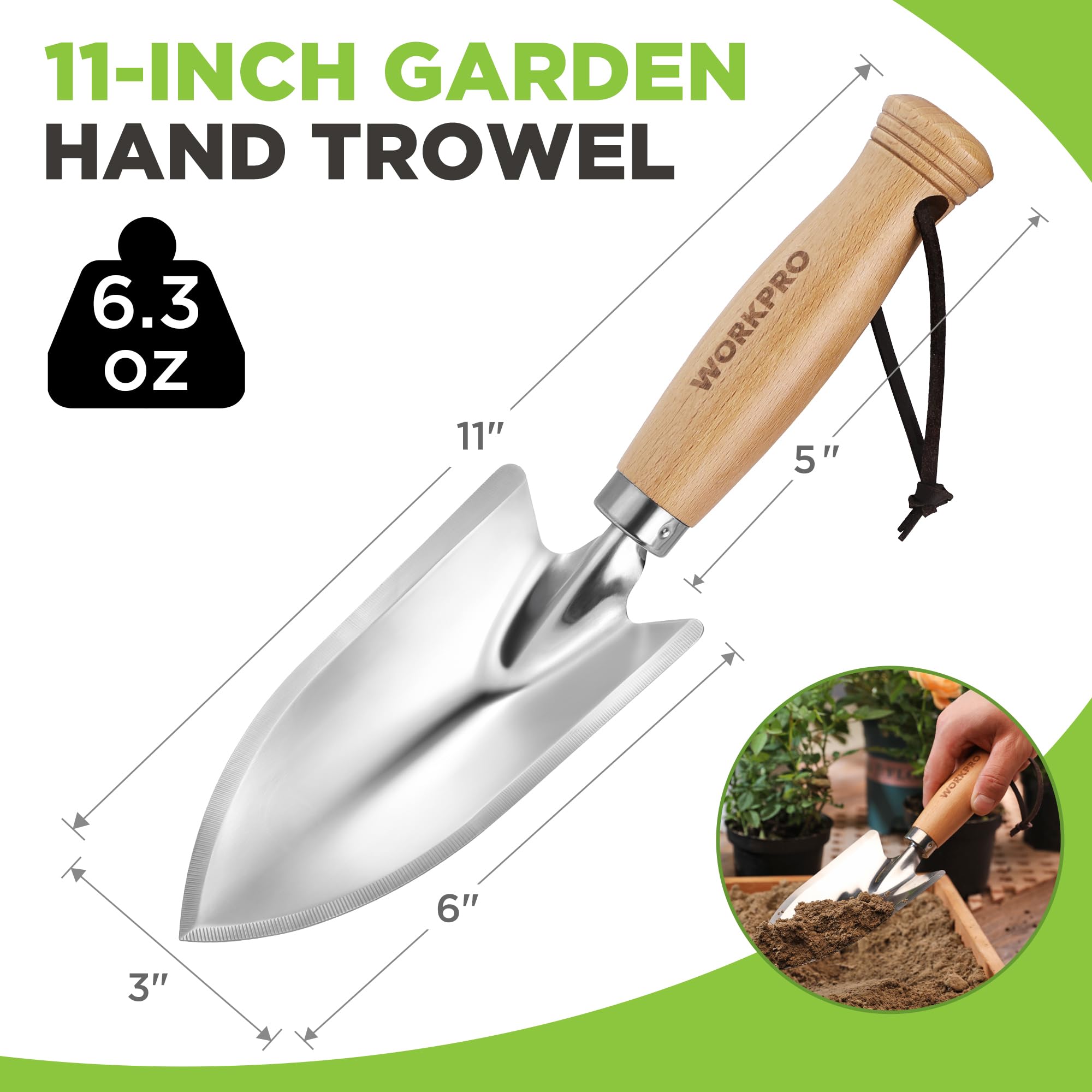 WORKPRO stainless steel blade close-up showing rust-resistant surface for durable gardening