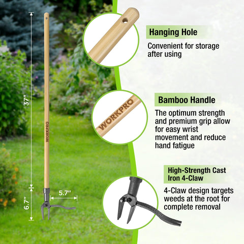WorkPro stand-up weeder with a 4-claw head ensures deep root removal.