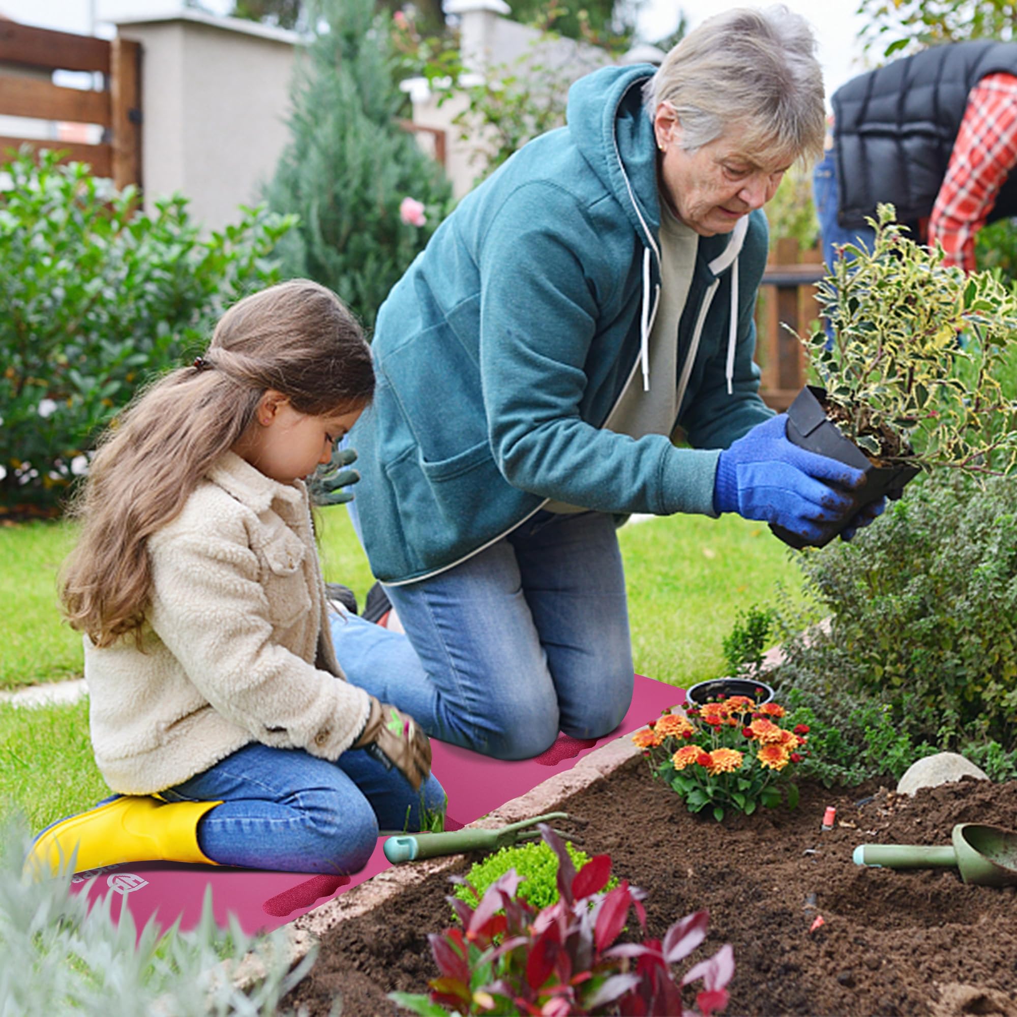 WORKPRO two-pack kneeling pads in pink offering sturdy knee protection for gardening.