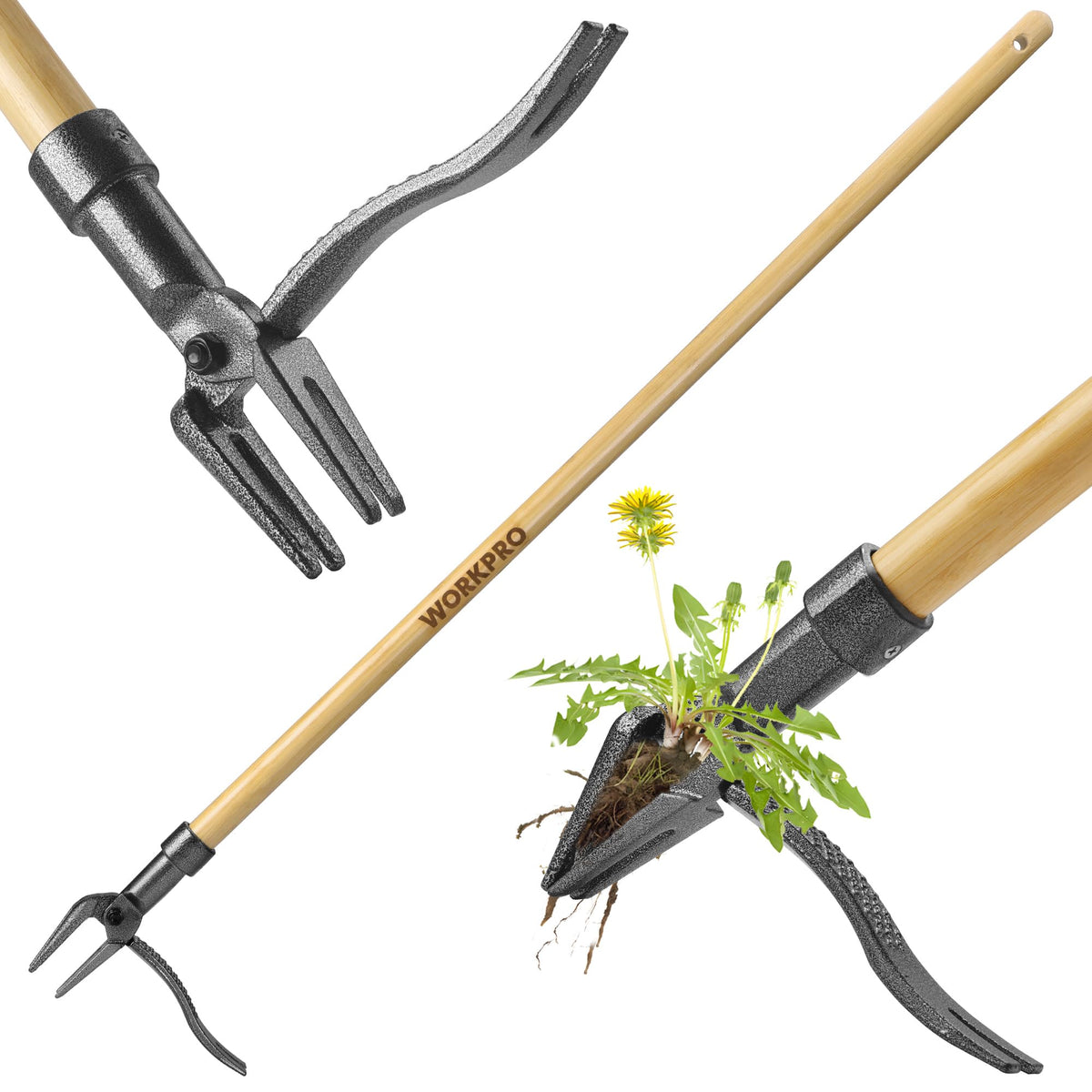WorkPro weed puller with a 44-inch bamboo handle for standing, back-friendly weeding.