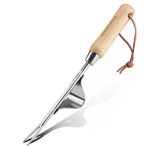 WORKPRO Weed Puller with metal base removes weeds without harming nearby plants.