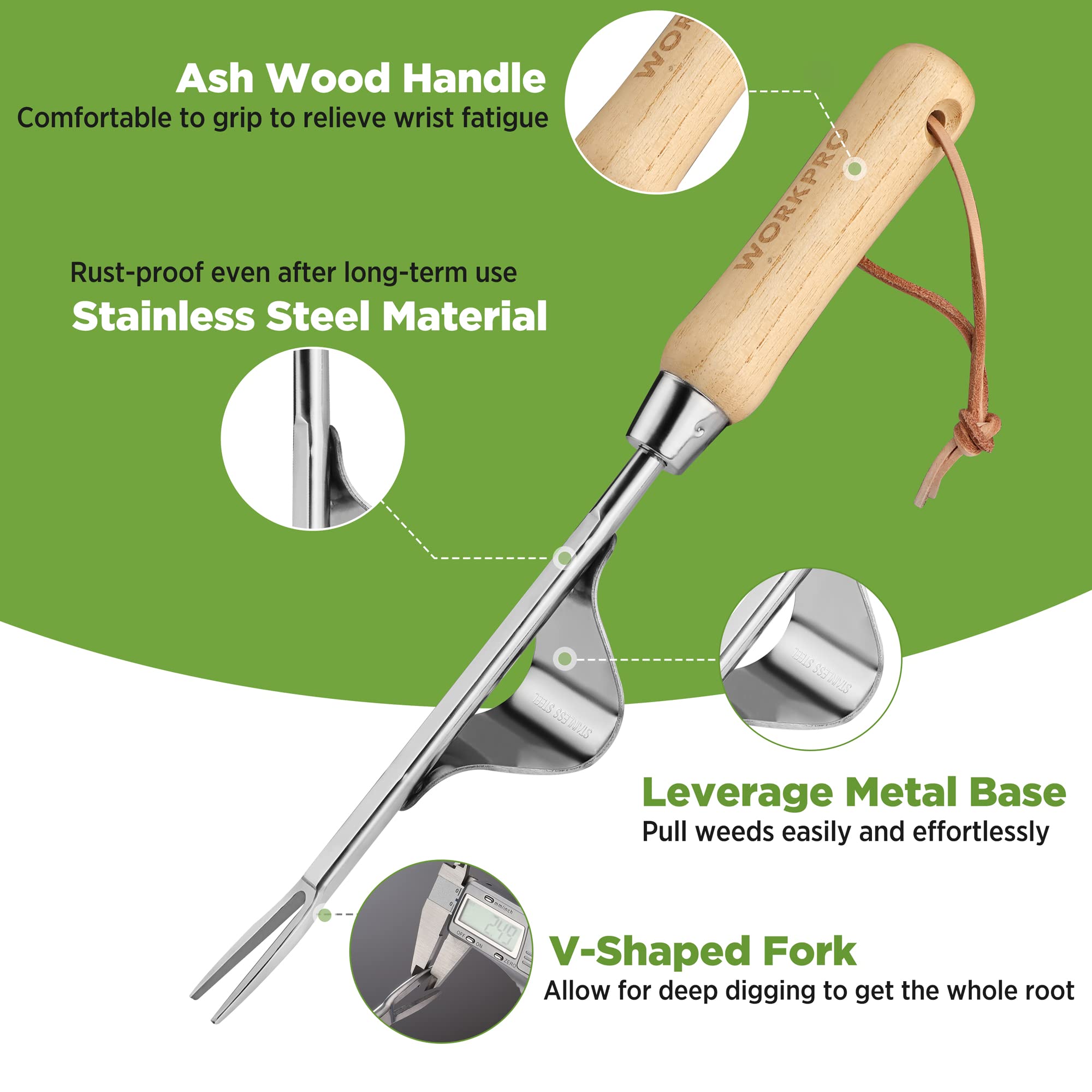Sturdy WORKPRO Weed Puller in rust-resistant stainless steel construction.