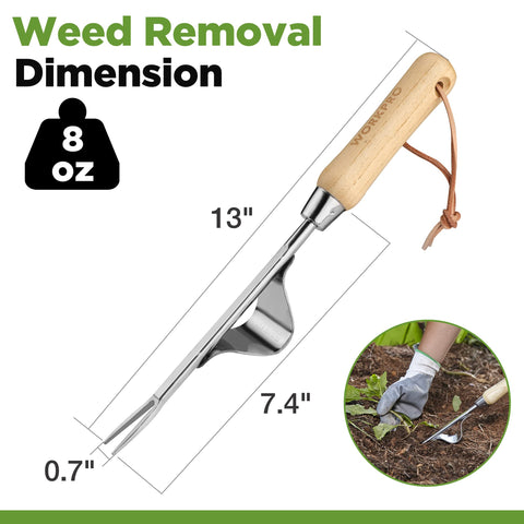 Compact WORKPRO Weed Puller with hanging hole for easy storage.