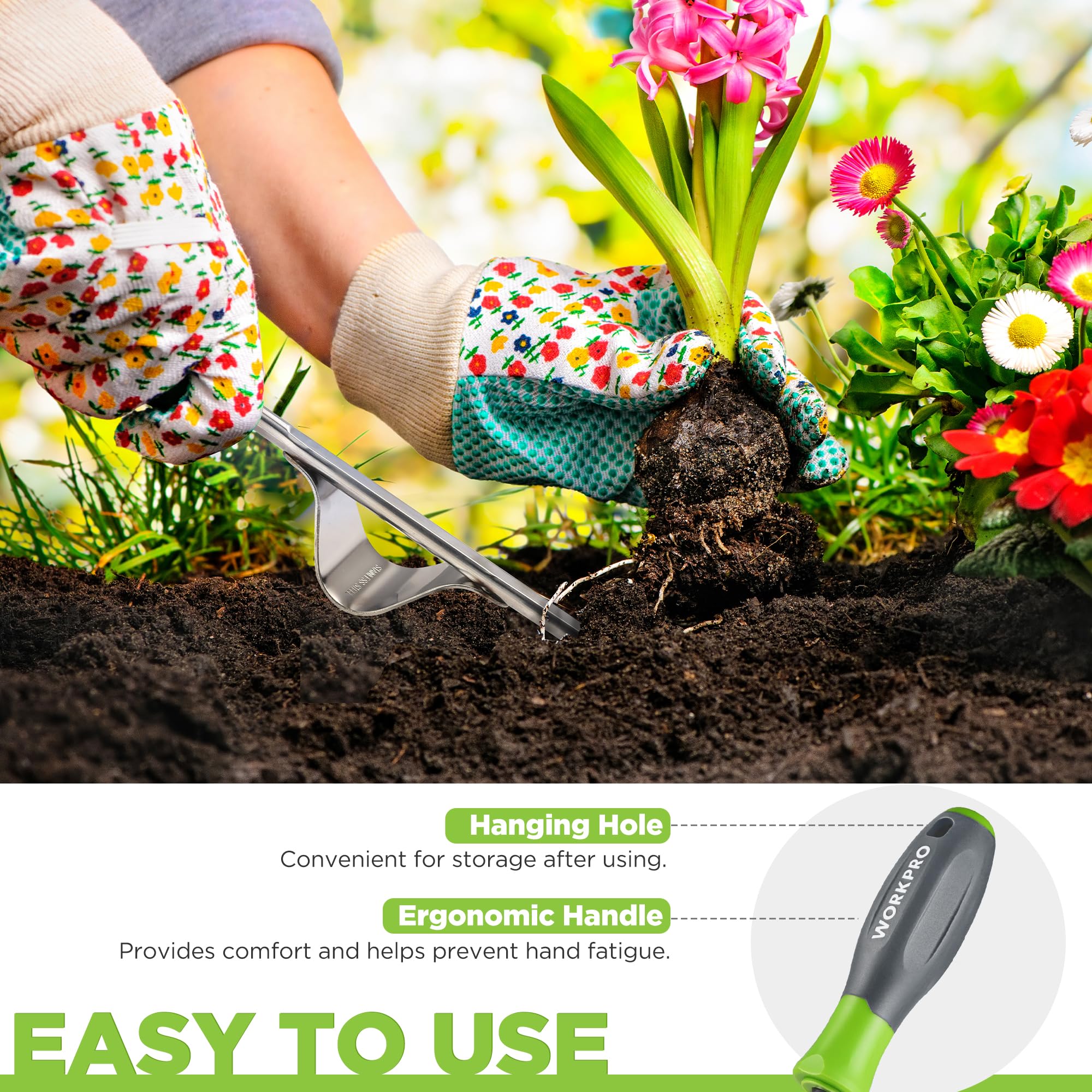 WORKPRO weed puller tool compact storage hole for hanging