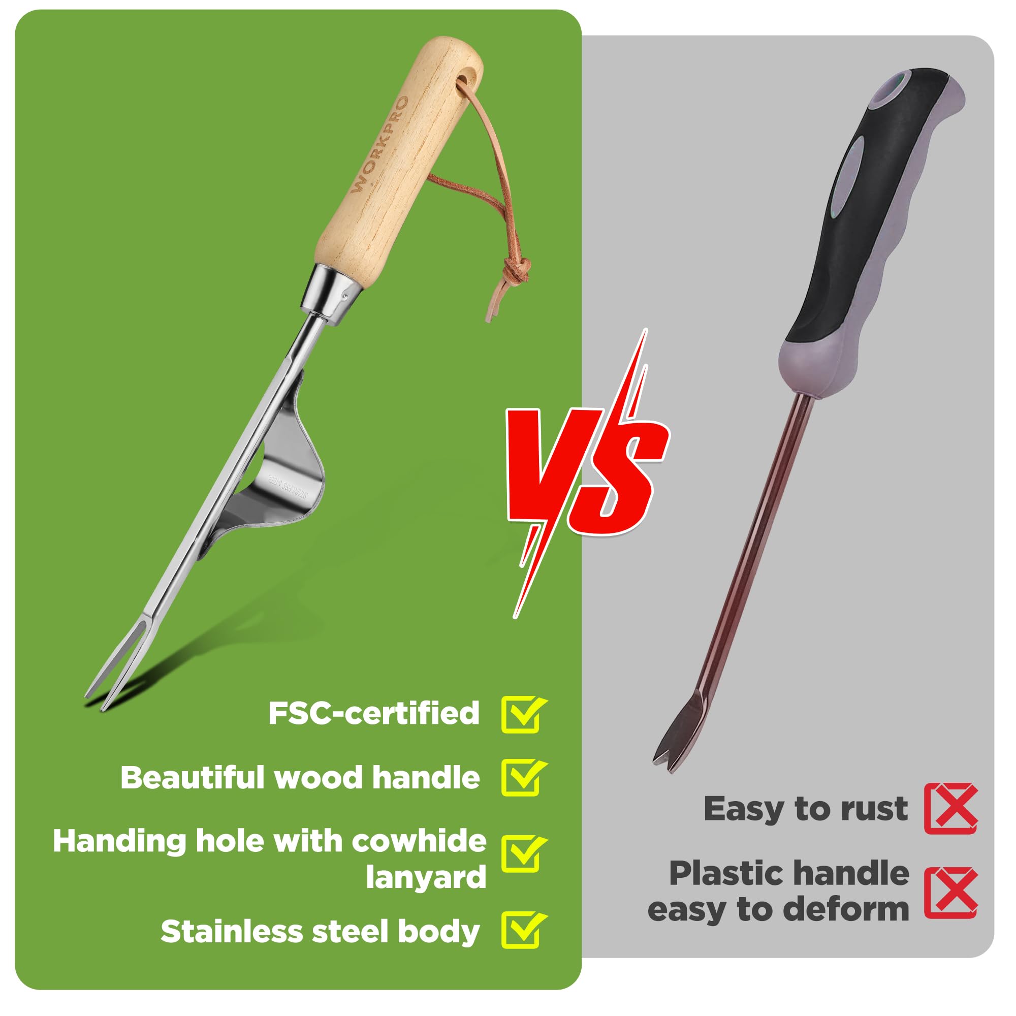 WORKPRO Weed Puller with ash wood handle for comfortable grip during use.