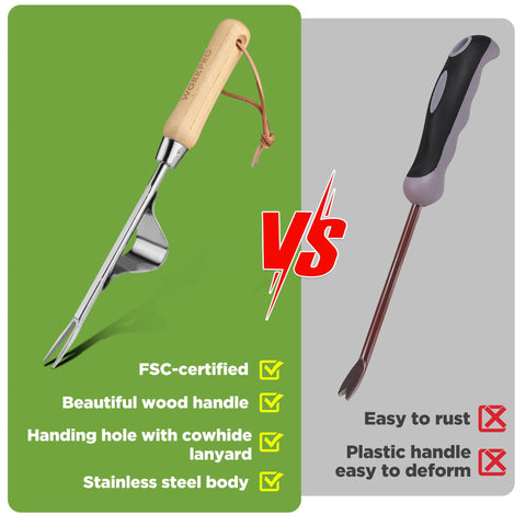 WORKPRO Weed Puller with ash wood handle for comfortable grip during use.
