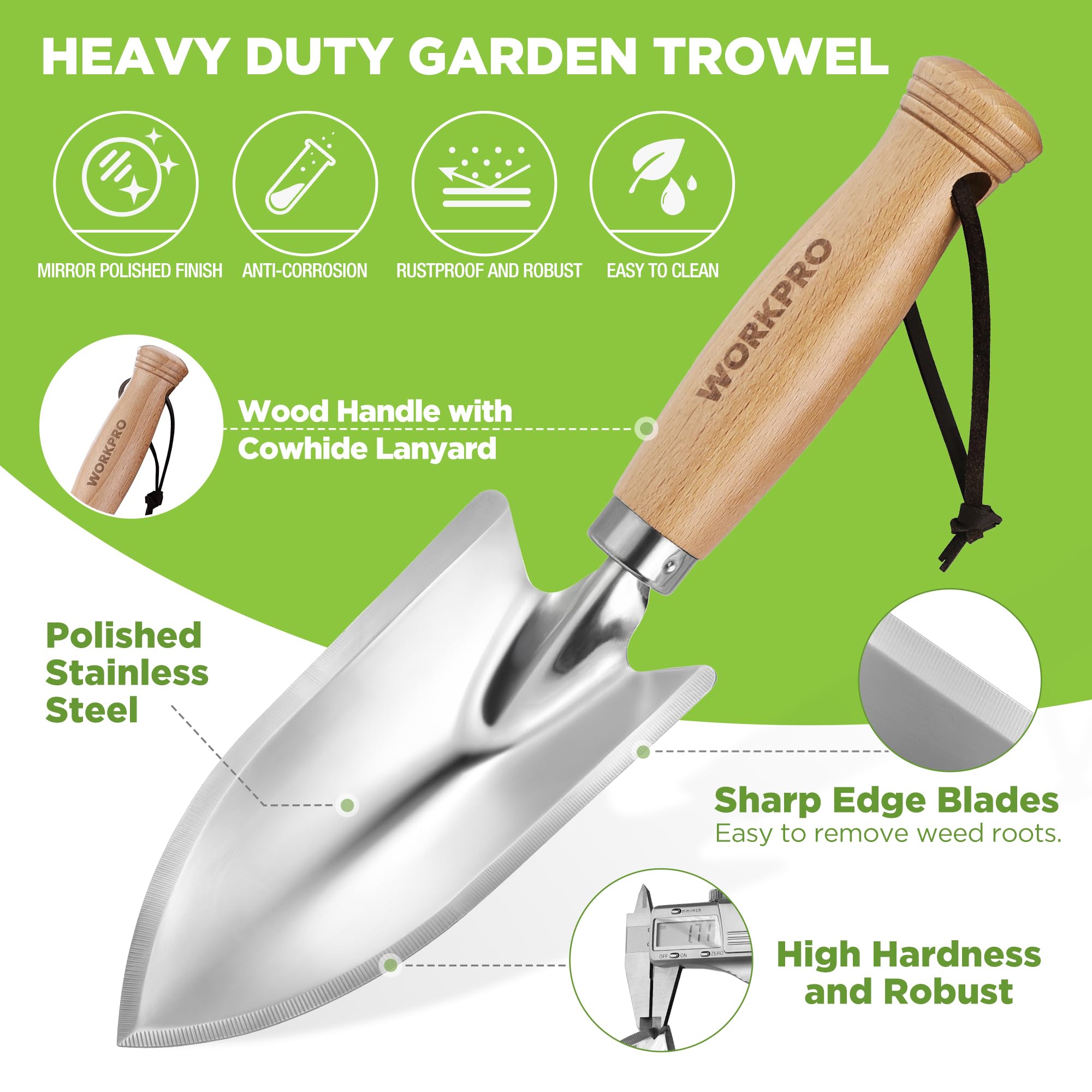 WORKPRO wooden handle close-up highlighting comfortable grip and FSC-certified sustainability