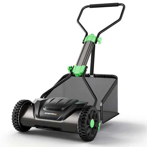 WORKPROX 16-Inch push reel mower front view, compact and easy to maneuver.