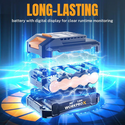 WORKPROX 20V battery with display shows charge status.