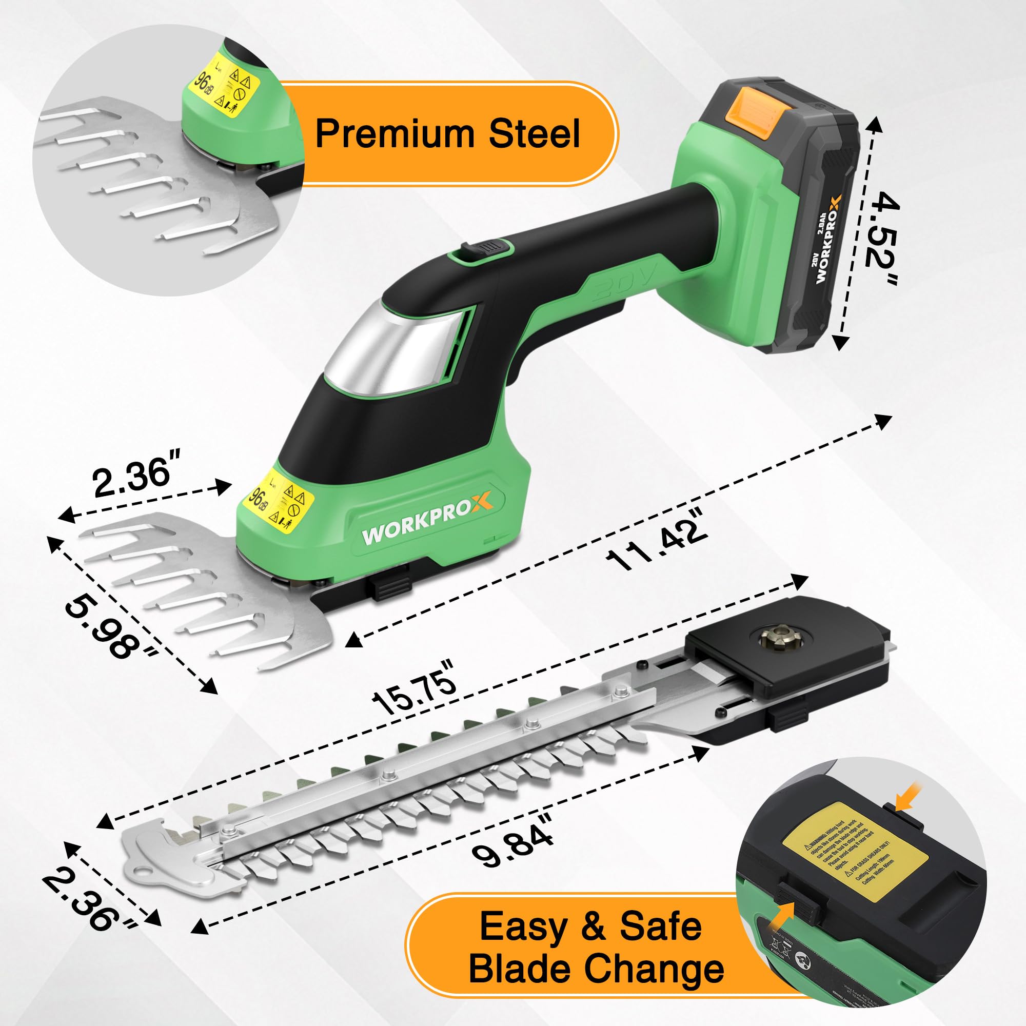 WORKPROX 20V cordless use enables flexible outdoor trimming.