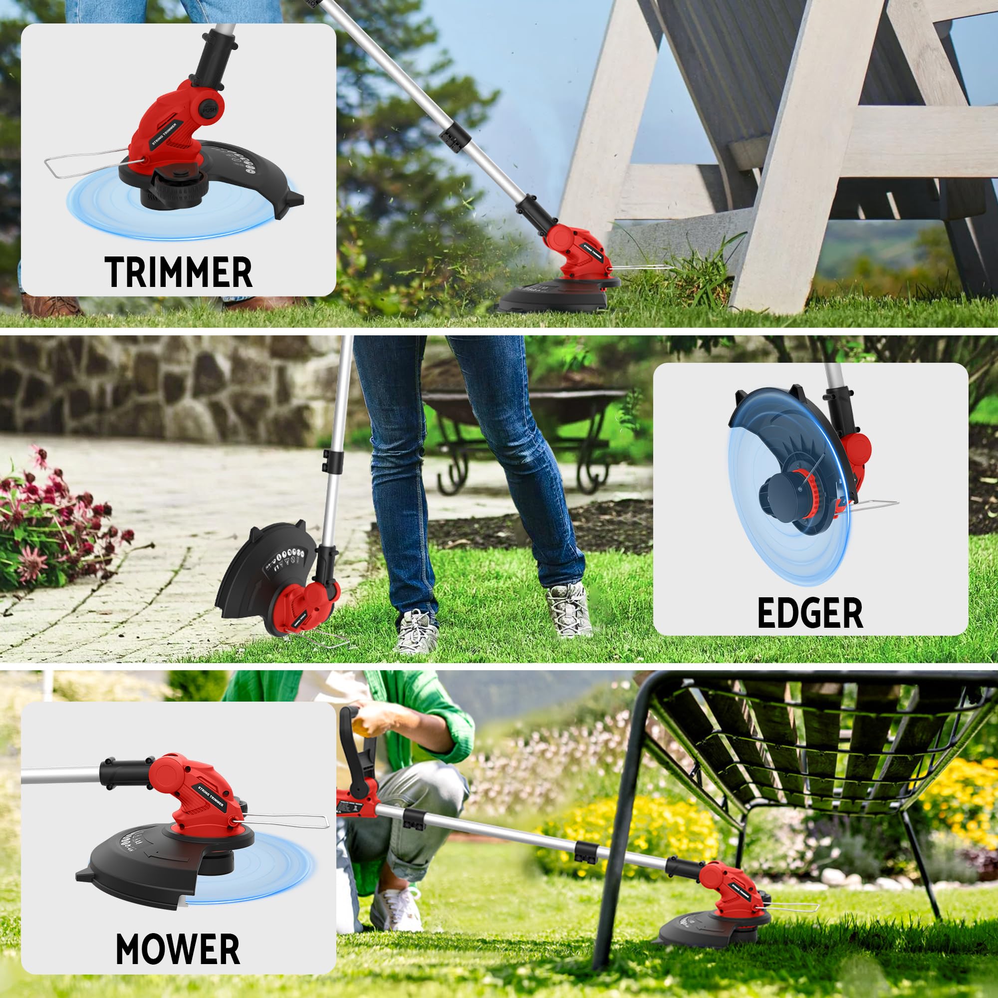 WorkSky 12-inch cutting diameter for efficient lawn trimming.