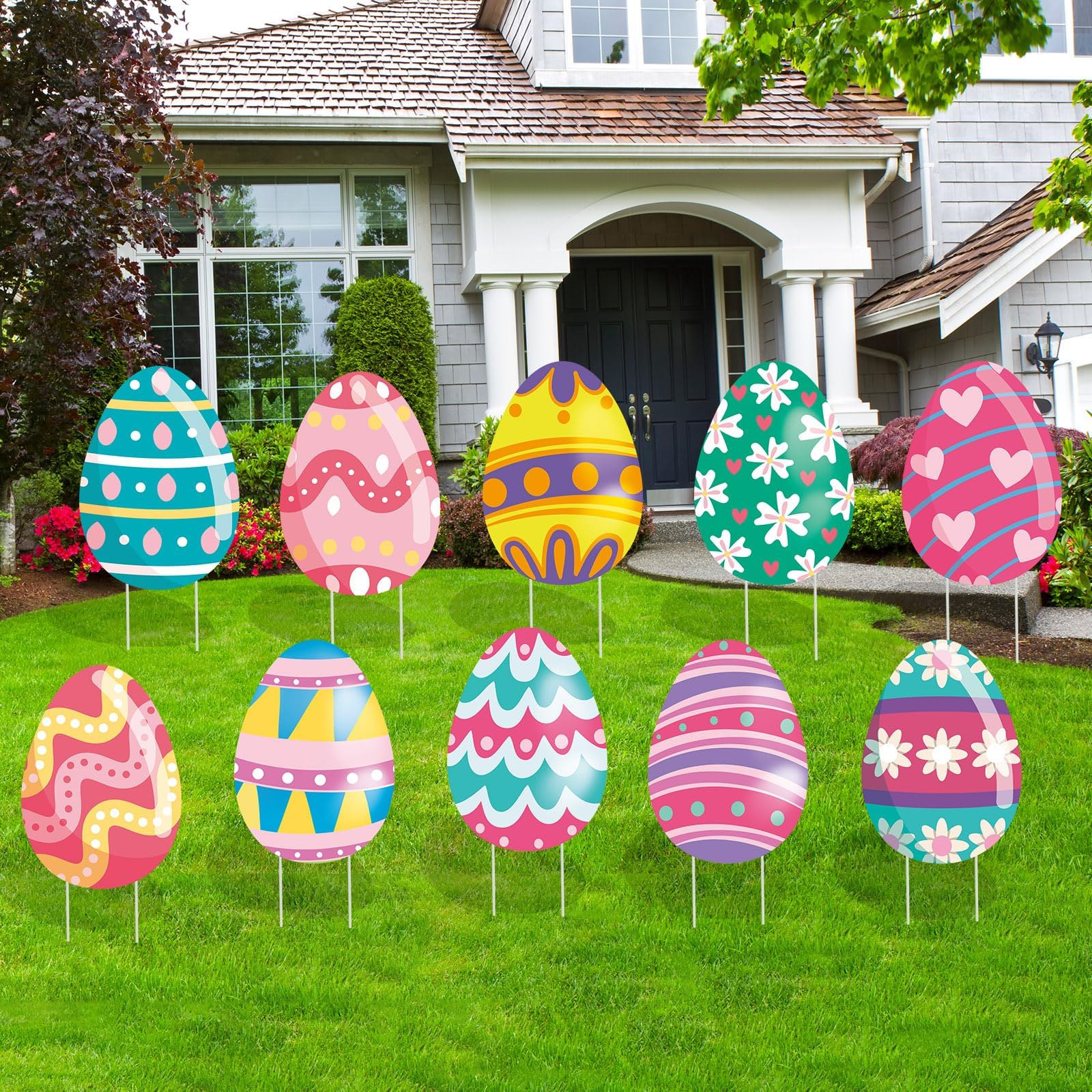 WorldBazaar Easter eggs yard sign with stakes for garden decor