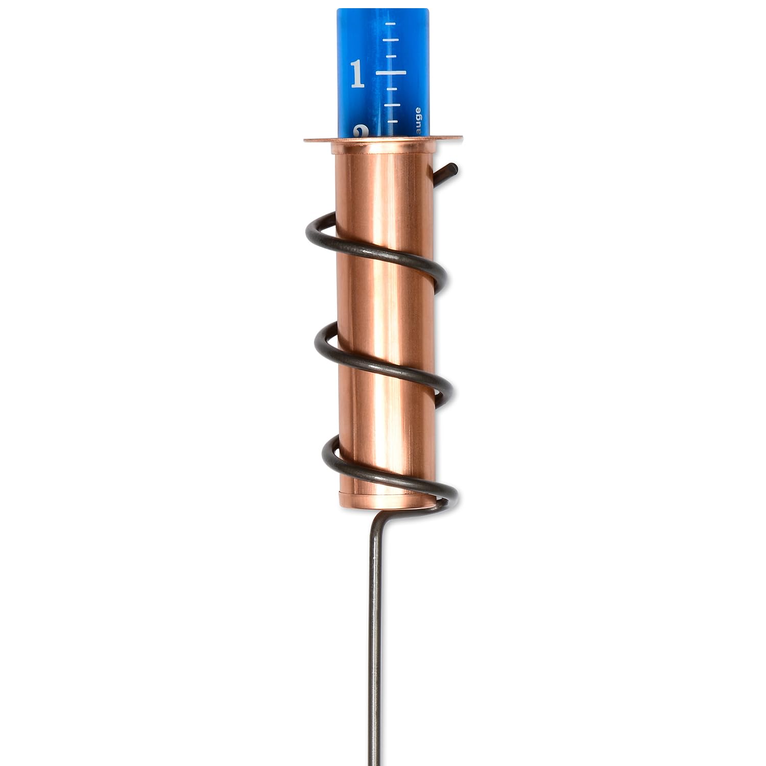 Worlds Coolest Rain Gauge copper front with clear readings for accurate rainfall tracking.