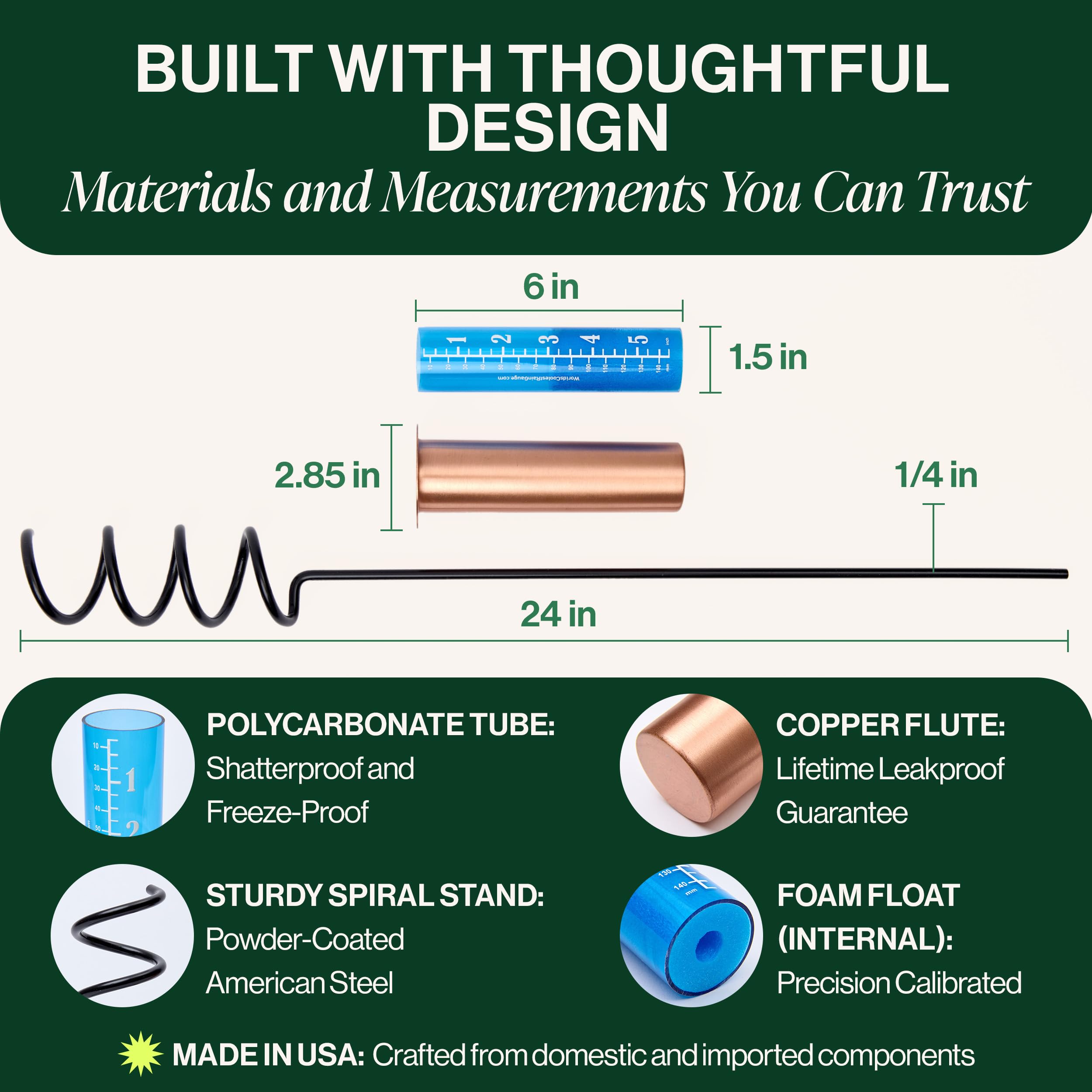 Worlds Coolest Rain Gauge winter-safe design ready for year-round use.