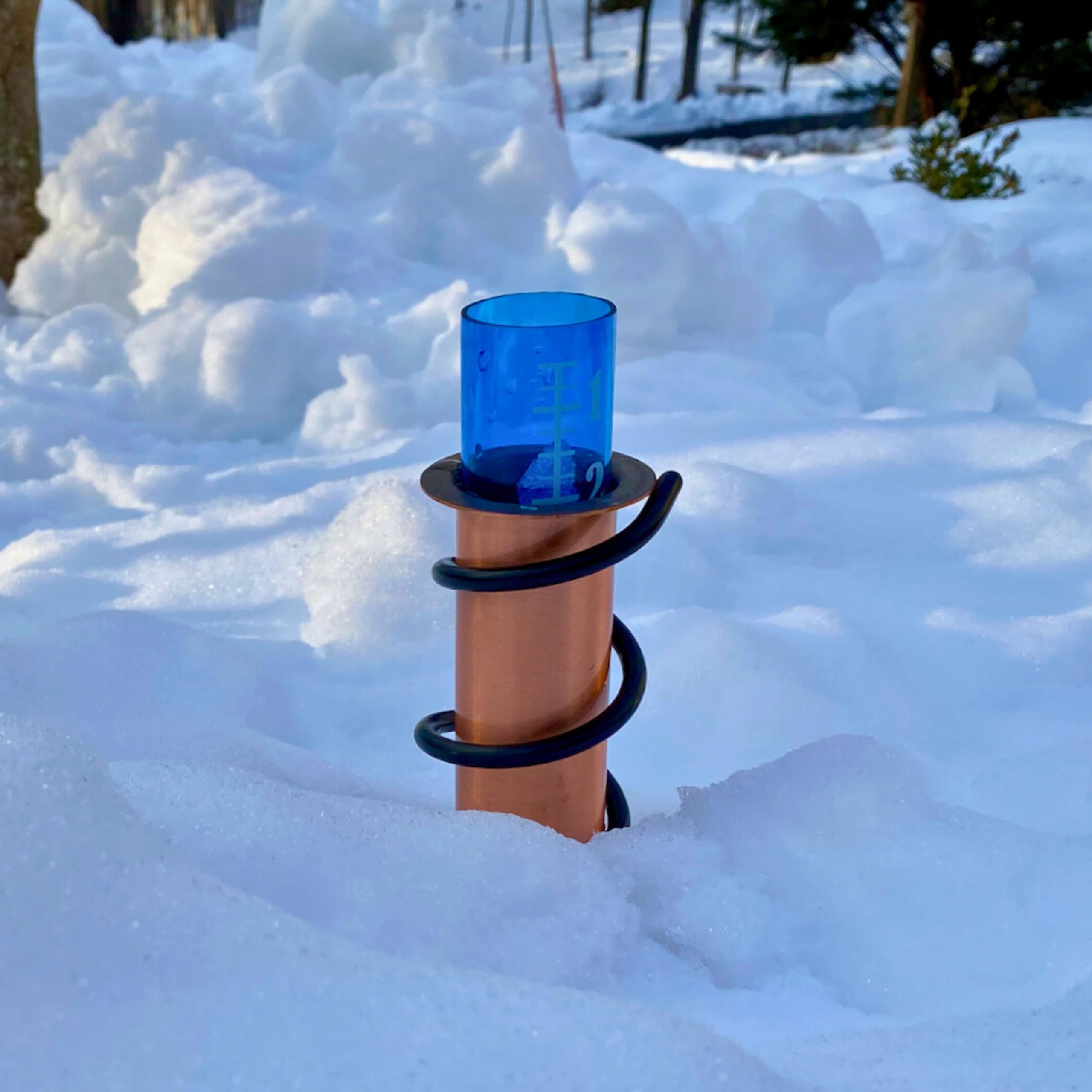 Worlds Coolest Rain Gauge in a garden scene showing decorative appeal.