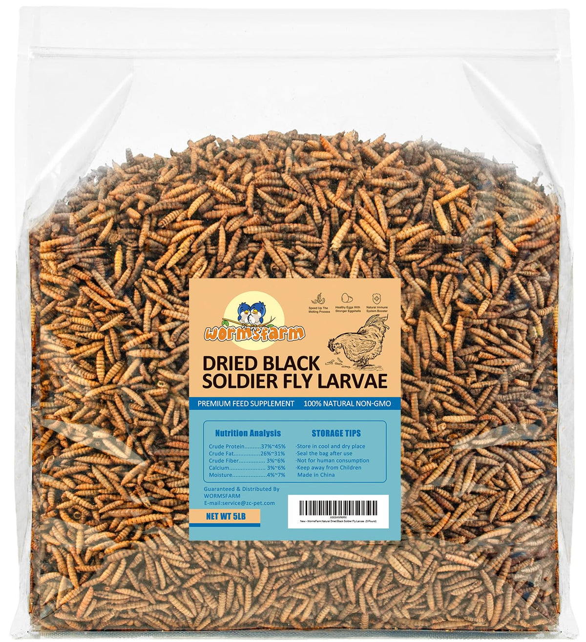 WormsFarm 5lb dried BSF larvae packaging shown for easy storage and freshness.