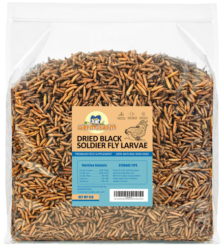 WormsFarm 5lb dried BSF larvae packaging shown for easy storage and freshness.