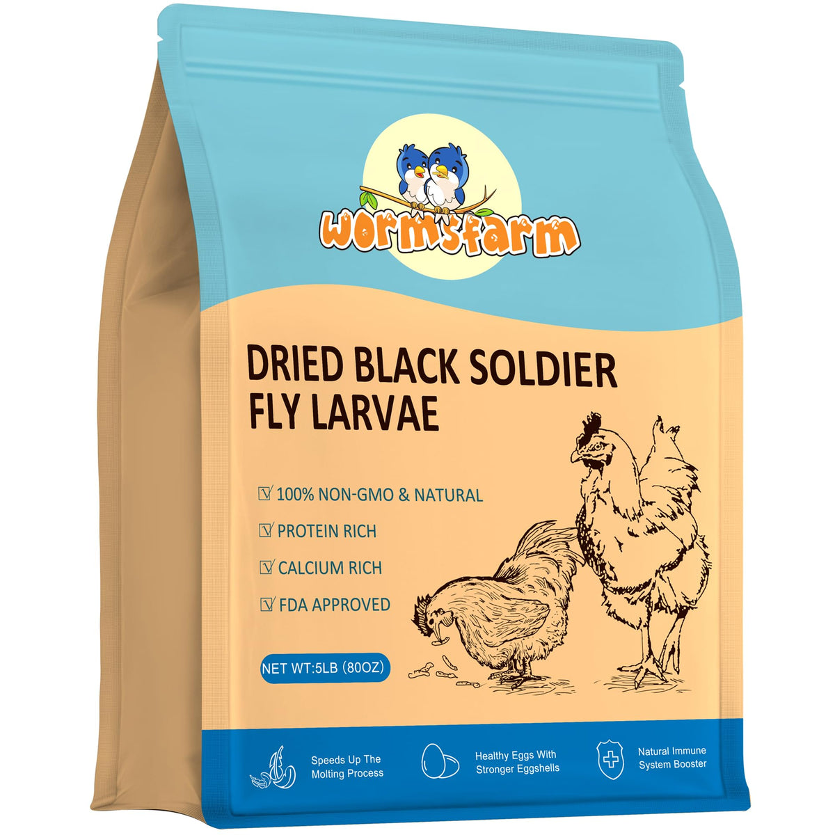 WormsFarm dried BSF larvae packaging in resealable bag for freshness.