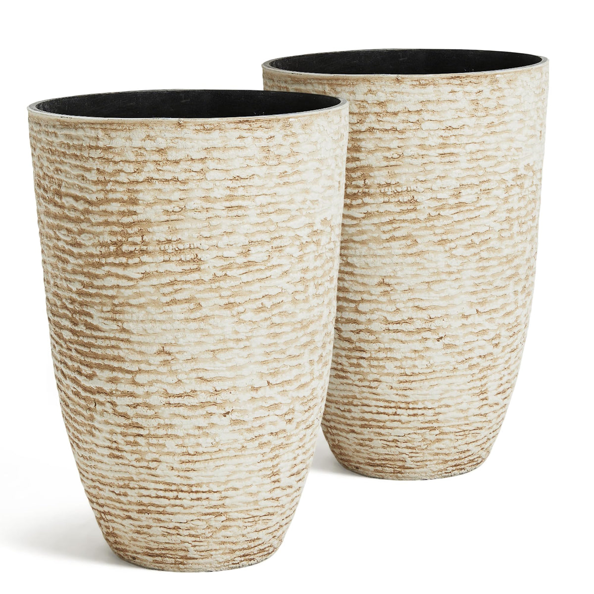 Worth 9-Gallon Tall Planter beige stone look front view, showcasing timeless curb appeal.