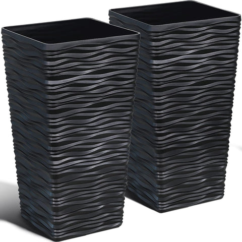 Worth Garden 2-Pack black tall planter, front view, creates a striking focal point for entryways