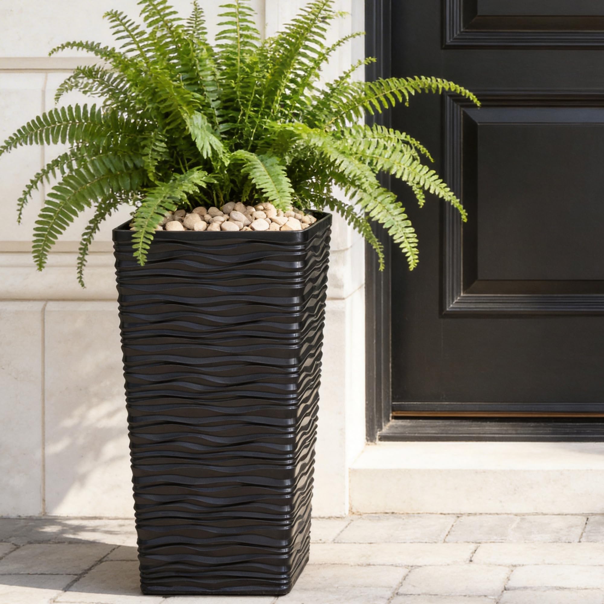 Worth Garden 2-Pack black tall planter, side view, ideal for outdoor patios and pathways
