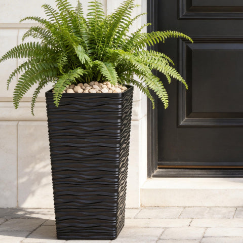 Worth Garden 2-Pack black tall planter, side view, ideal for outdoor patios and pathways