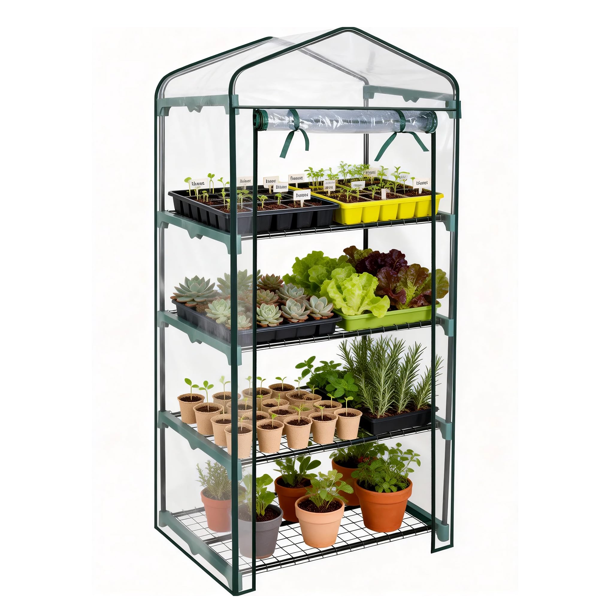 Worth Garden 4 Tier Mini Greenhouse front view shows sturdy steel frame for indoor and outdoor use
