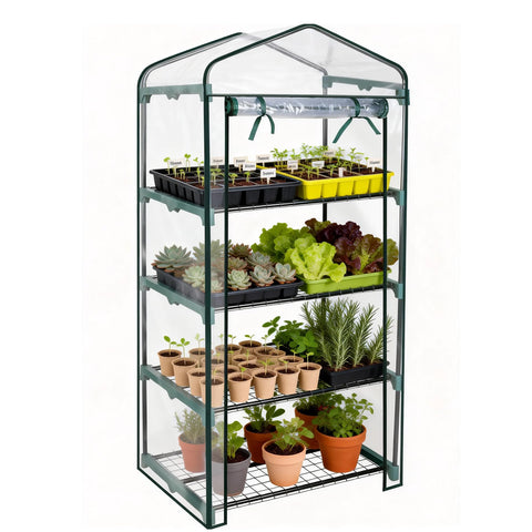 Worth Garden 4 Tier Mini Greenhouse front view shows sturdy steel frame for indoor and outdoor use