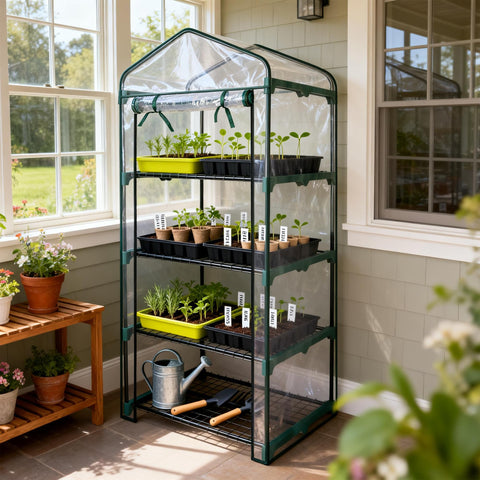 Worth Garden 4 Tier Mini Greenhouse side view highlights compact footprint for balconies