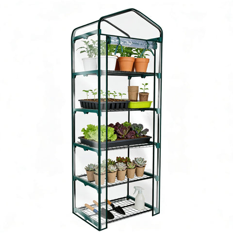 Worth Garden 5-Tier Mini Greenhouse front view shows sturdy steel frame for year-round growing.
