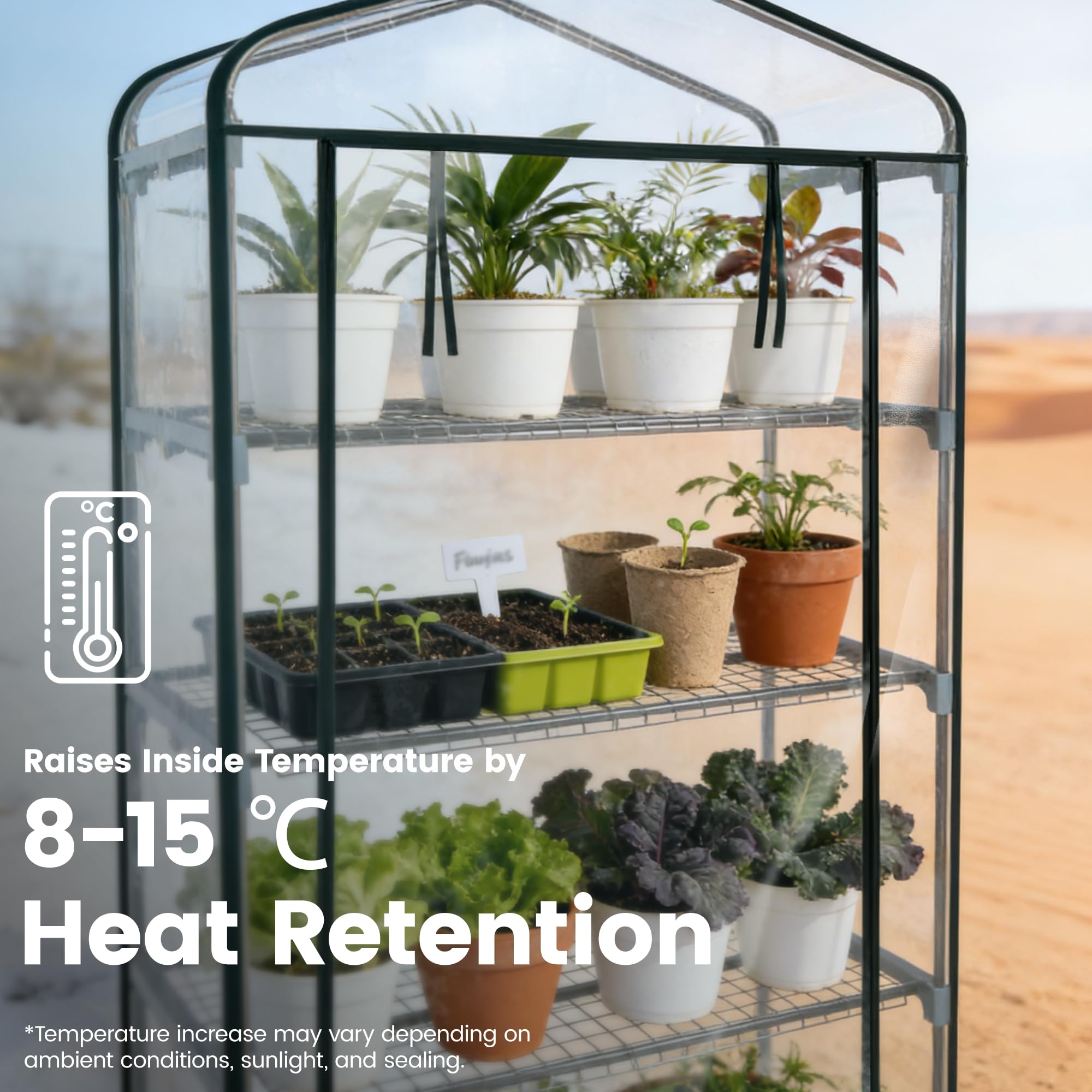 Worth Garden 5-Tier Mini Greenhouse PVC cover close-up highlights breathable shelter for seedlings.